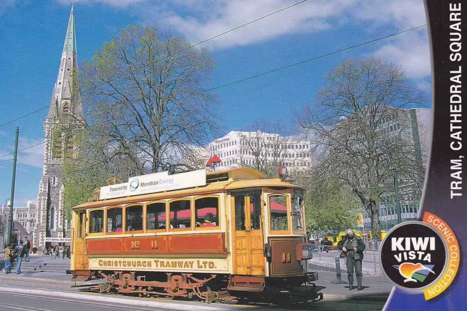 Postkort: Christchurch Tramway linje med motorvogn 11 på Cathedral Square (2010)