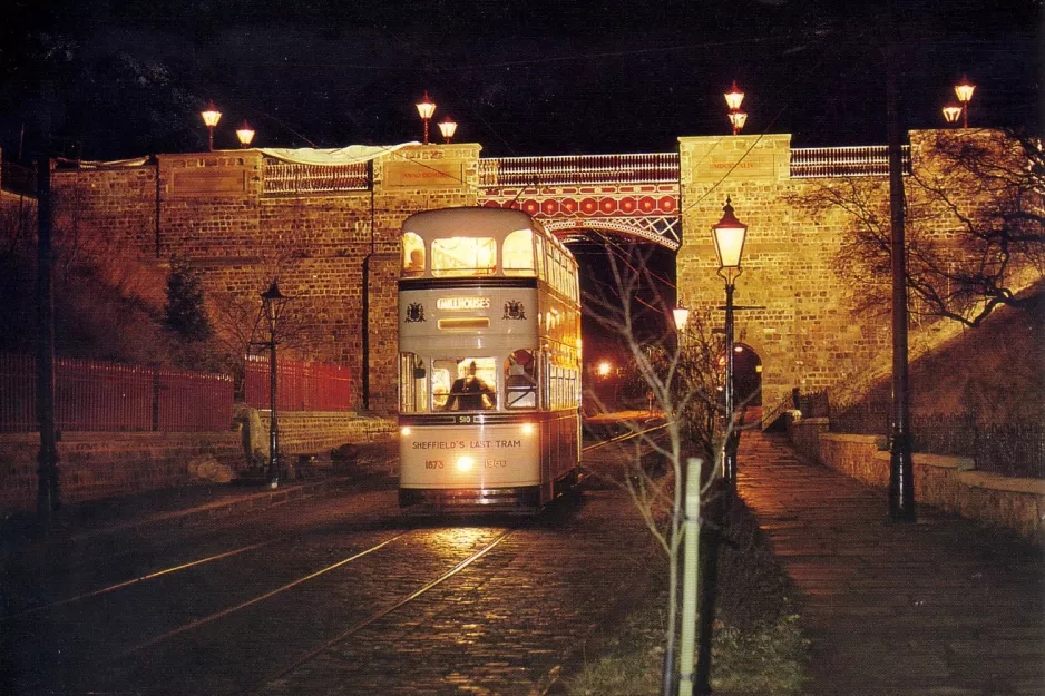 Postkort: Crich museumslinje med dobbeltdækker-motorvogn 510 nær Bowes-Lyon Bridge (1980)