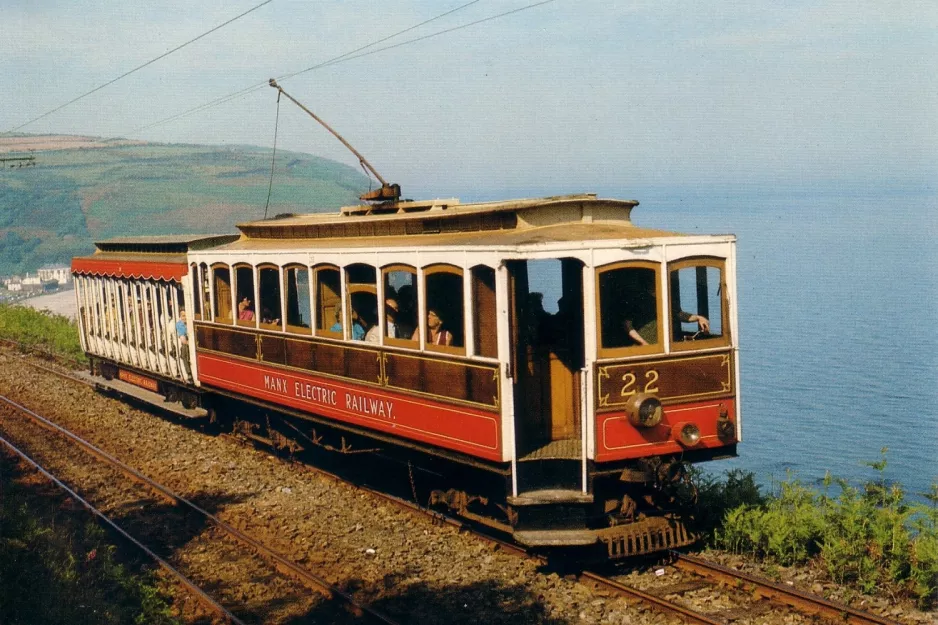 Postkort: Douglas, Isle of Man Manx Electric Railway med motorvogn 22 nær Milnes (1991)