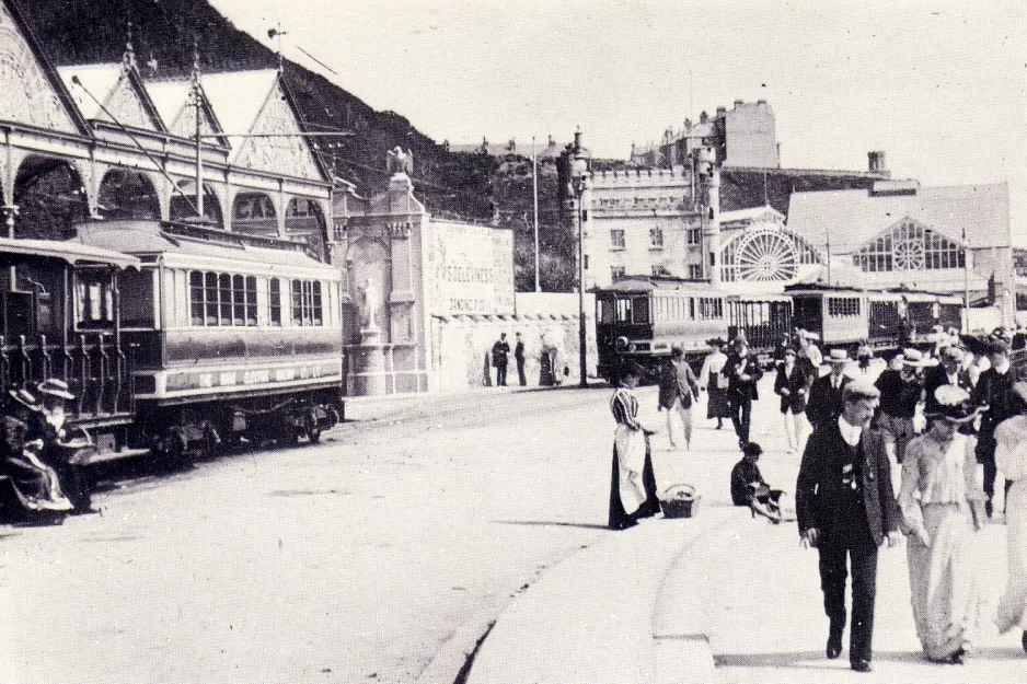 Postkort: Douglas, Isle of Man Manx Electric Railway ved Derby Castle (1908)