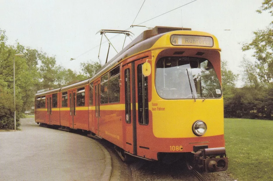 Postkort: Duisburg sporvognslinje 904 med ledvogn 1086 nær Laar (1975)