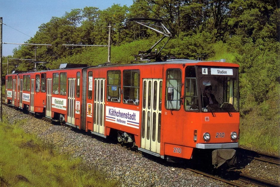 Postkort: Frankfurt (Oder) sporvognslinje 4 med ledvogn 210 nær Markendorf (1991)