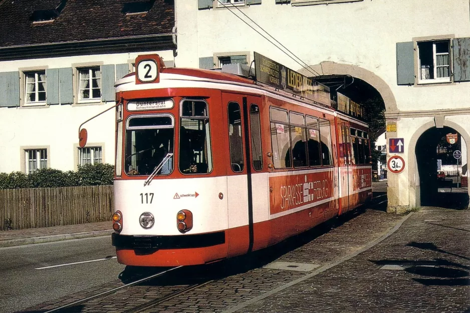 Postkort: Freiburg im Breisgau sporvognslinje 2 med ledvogn 117 på Schauinslandstraße (1988)
