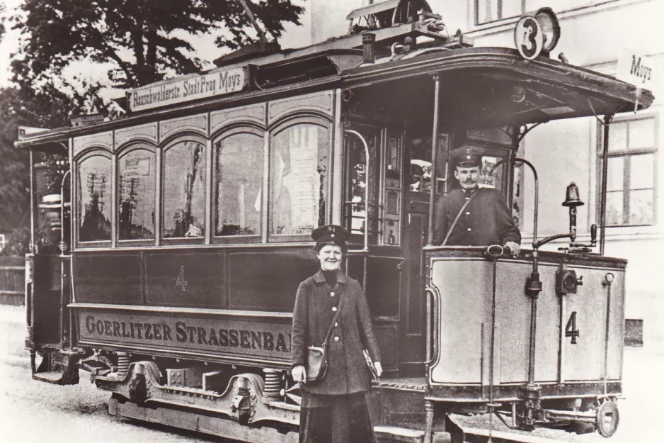 Postkort: Görlitz sporvognslinje 1 med motorvogn 4 nær Bahnhof (1897)