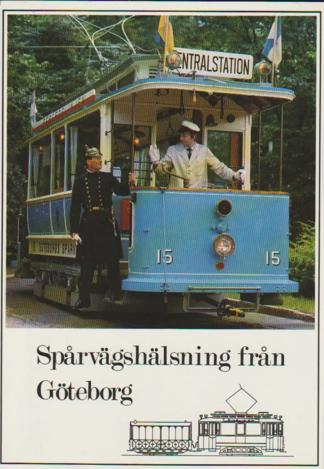 Postkort: Gøteborg 12 (Lisebergslinjen) med motorvogn 15 ved Sankt Sigfrids Plan (1985)