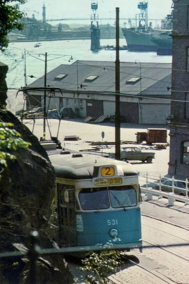Postkort: Gøteborg sporvognslinje 2 med motorvogn 531 på Packhuskajen (1971)