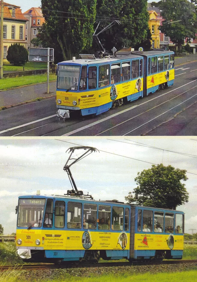 Postkort: Gotha sporvognslinje 1 med ledvogn 301 ved Orangerie (2007-2009)