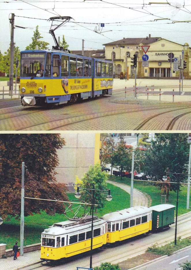 Postkort: Gotha sporvognslinje 1 med ledvogn 306 nær Hauptbahnhof (2002-2009)