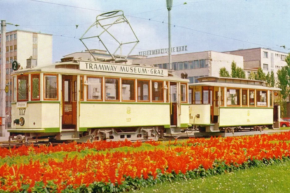 Postkort: Graz Oldtimer-Straßenbahn med motorvogn 117 ved Hauptbahnhof (Europaplatz) (2000)