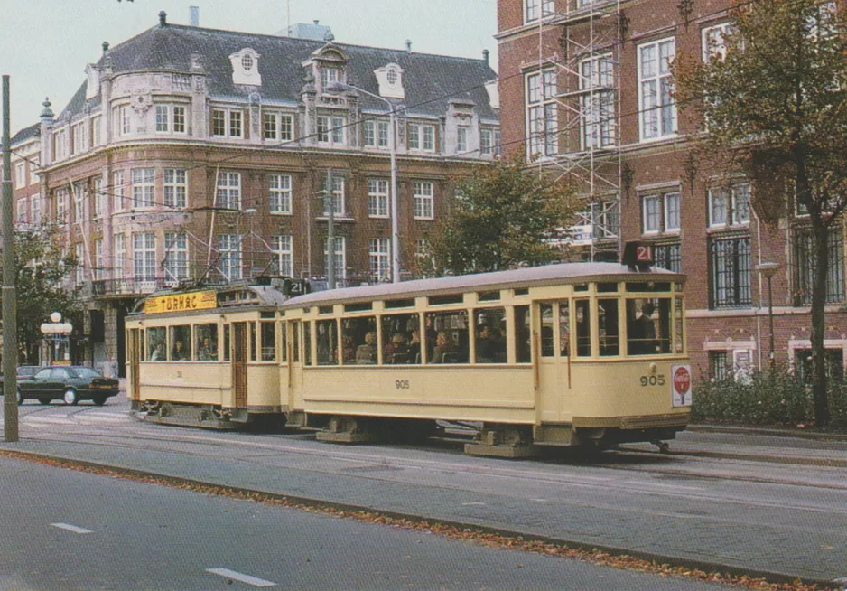 Postkort: Haag museumslinje Lange rit med bivogn 905 på Lange Vijverberg (1989)