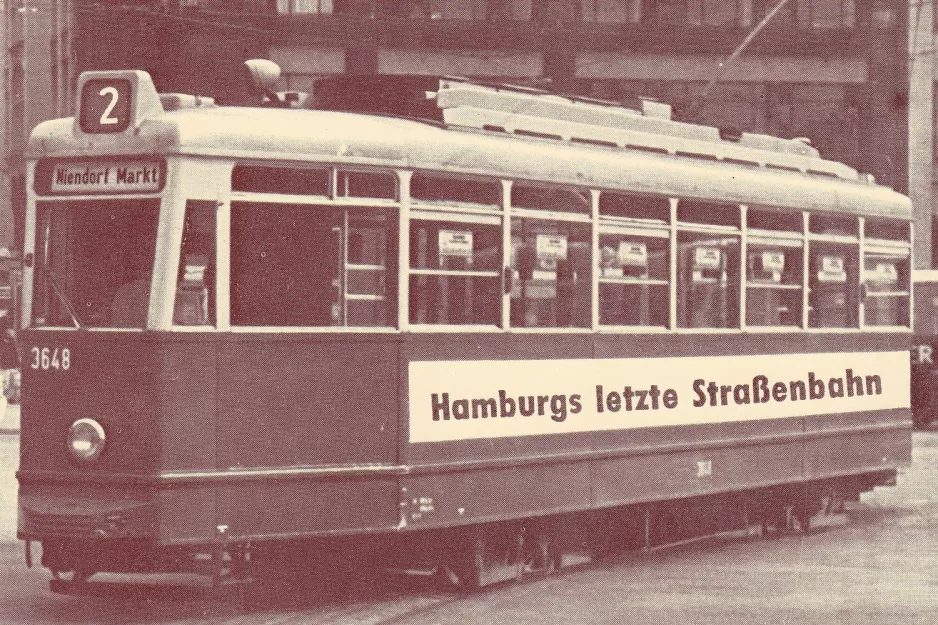 Postkort: Hamborg sporvognslinje 2 med motorvogn 3648 ved Rathausmarkt (1978)