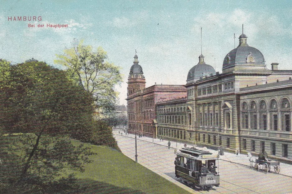 Postkort: Hamborg sporvognslinje 26 med motorvogn 692 nær Hauptpost (1894)