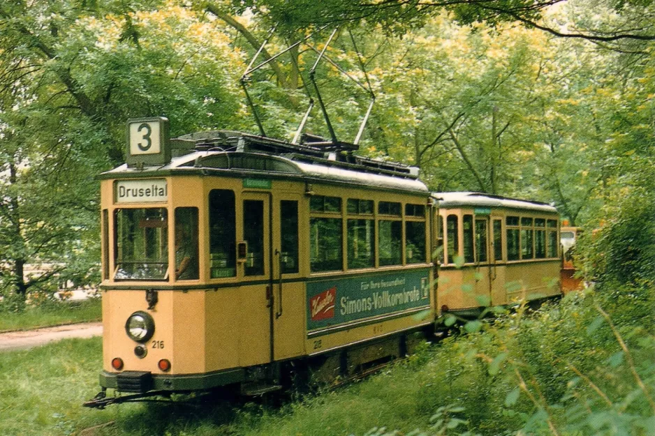 Postkort: Hannover Hohenfelser Wald med motorvogn 216 udenfor museet Hannoversches Straßenbahn-Museum (2000)