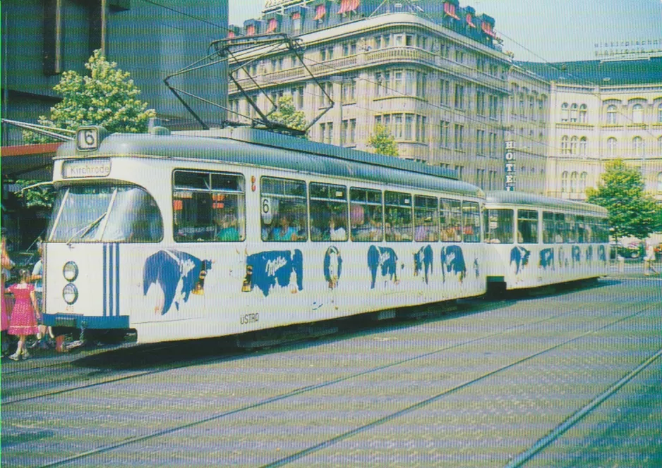 Postkort: Hannover sporvognslinje 6 med motorvogn 413 ved Hauptbahnhof (1981)