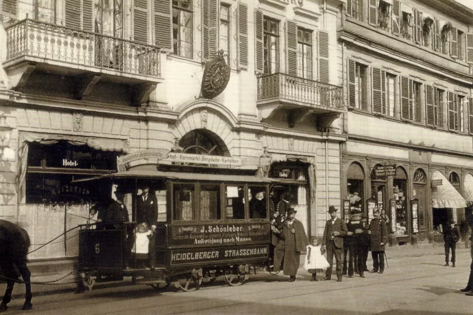 Postkort: Heidelberg hestesporvogn 6 på Kornmarkt (1900)