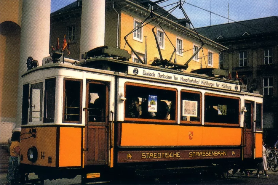 Postkort: Karlsruhe museumsvogn 14 på Markplatz (1977)