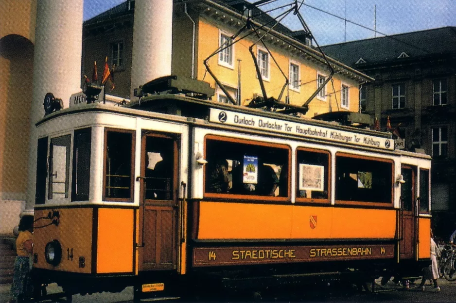 Postkort: Karlsruhe museumsvogn 14 på Marktplatz (1977)