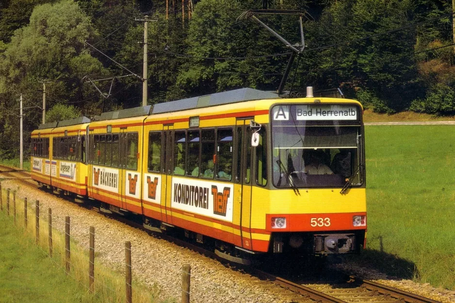 Postkort: Karlsruhe regionallinje S1 med ledvogn 533 nær Bad Herrenalb (1988)