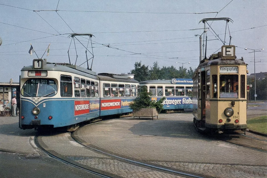 Postkort: Kassel sporvognslinje 1 med ledvogn 355 ved Holländische Str. (1981)