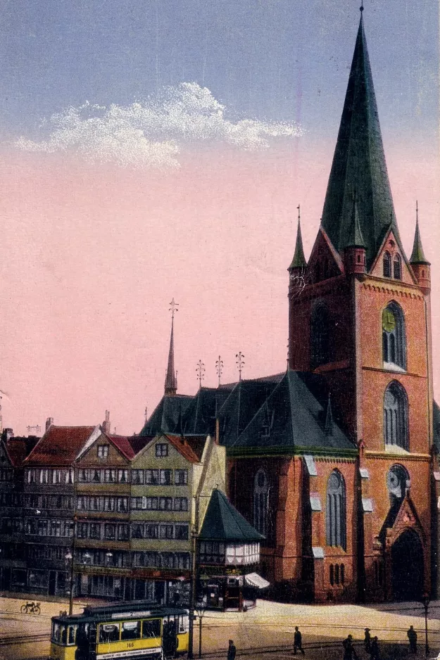 Postkort: Kiel sporvognslinje 2 med motorvogn 166 på Markt (Alter Markt) (1910)