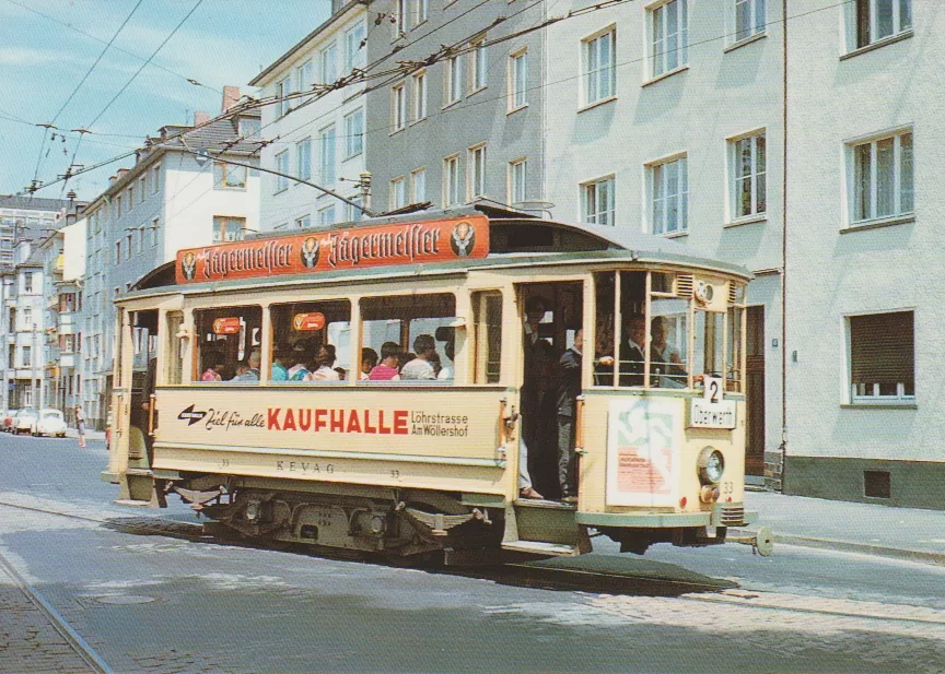 Postkort: Koblenz sporvognslinje 2 med motorvogn 33 i krydset Frankenstraße/Chlodwigstraße (1967)