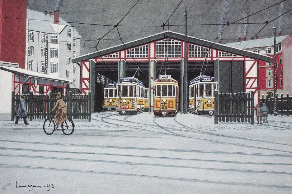 Postkort: København motorvogn 39 foran Den gamle Valby remise (1938-1939)