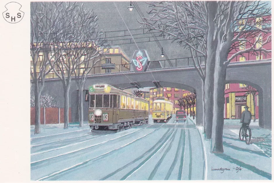 Postkort: København sporvognslinje 13 med motorvogn 519 på Borups Allé (1950-1951)