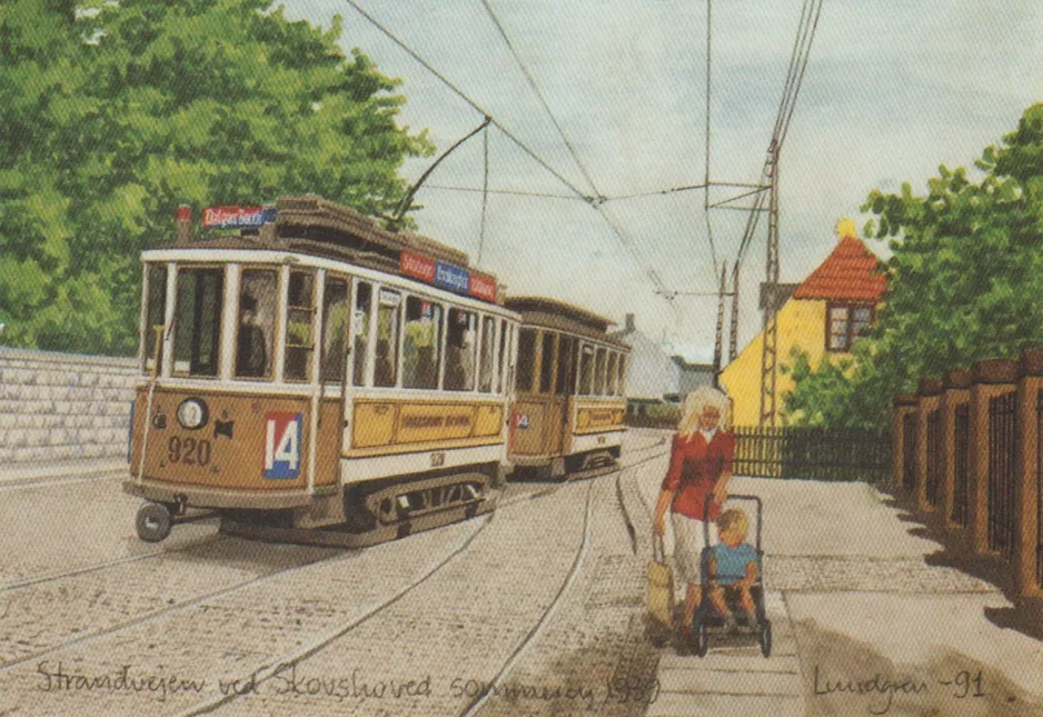 Postkort: København sporvognslinje 14 med motorvogn 920 ved Skovshoved (1939)