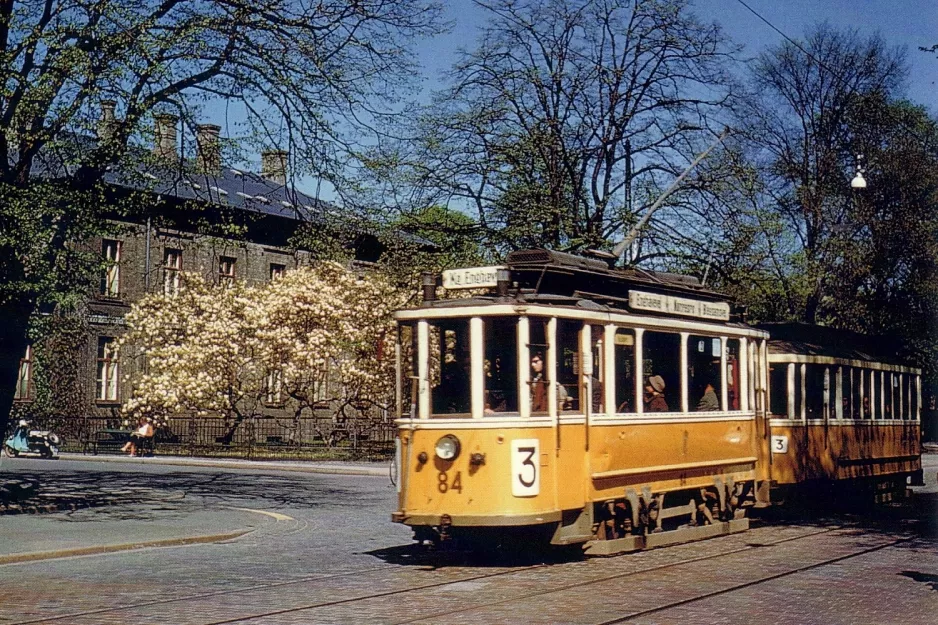 Postkort: København sporvognslinje 3 med motorvogn 84 på Blegdamsvej (1958-1961)
