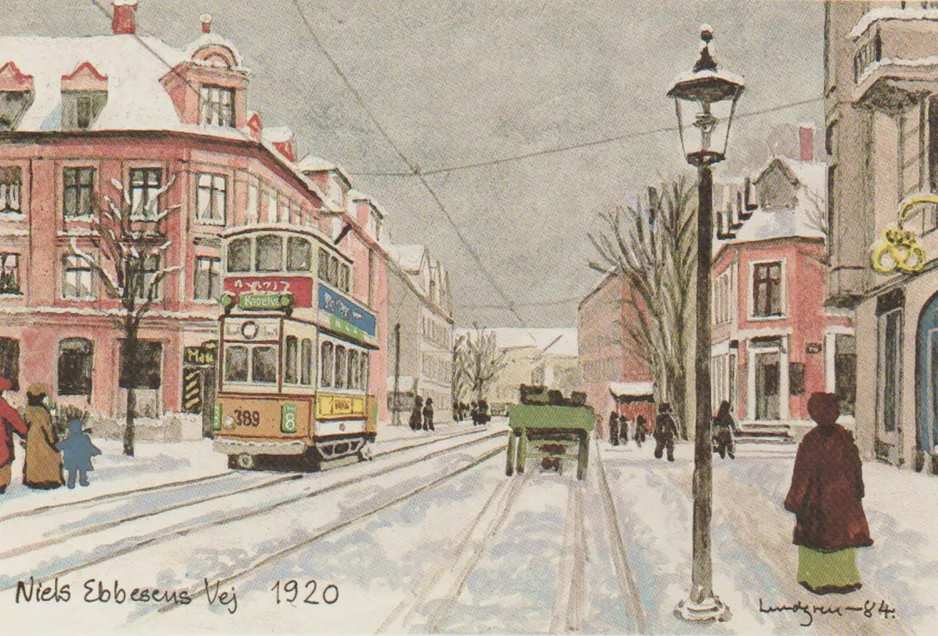 Postkort: København sporvognslinje 8 med dobbeltdækker-motorvogn 389 på Niels Ebbesens Vej (1920)