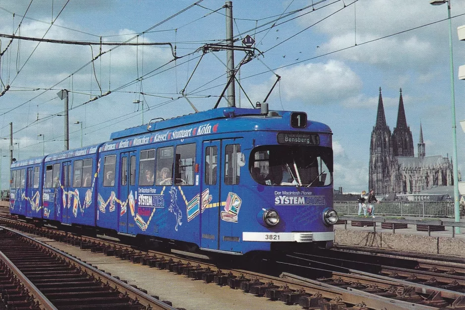 Postkort: Köln sporvognslinje 1 med ledvogn 3821 på Deutzer Brücke (1992)