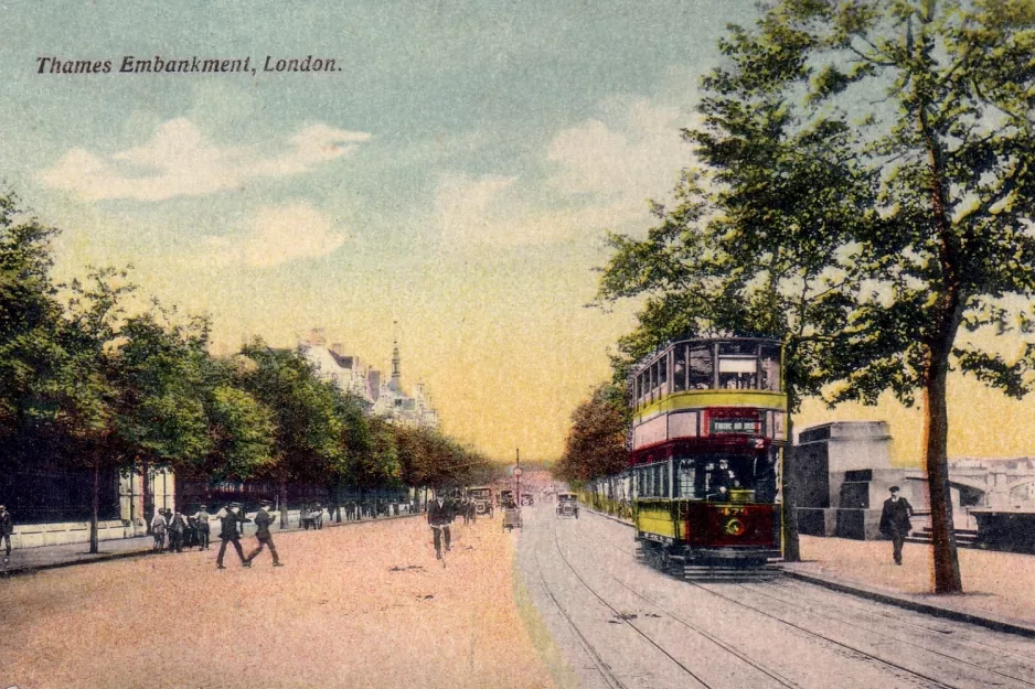 Postkort: London sporvognslinje 2 med dobbeltdækker-motorvogn 479 på Thames Embankment (1933)