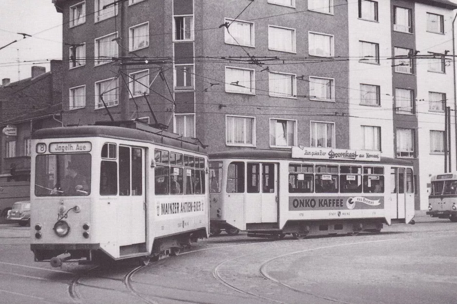 Postkort: Mainz sporvognslinje 52 med motorvogn 100 ved Kreyßigstr. (1954)