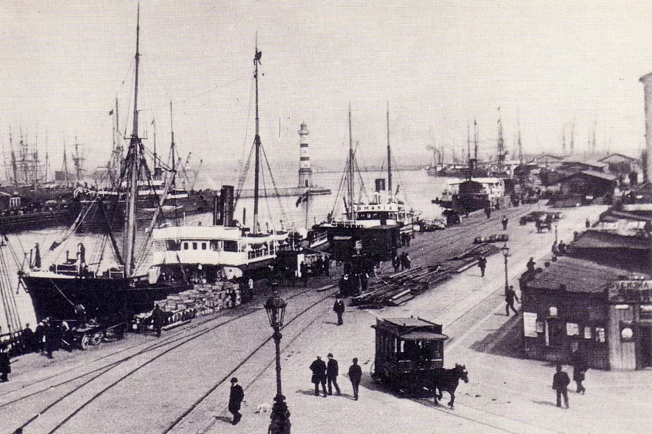 Postkort: Malmø hestesporvogn på Skeppsbron (1900)