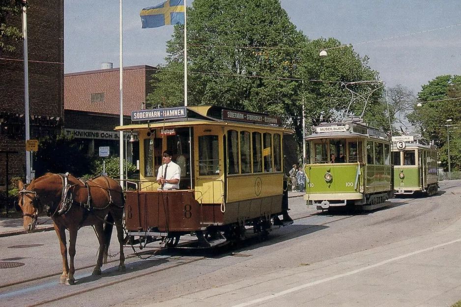 Postkort: Malmø Museispårvägen med museumsvogn 8 foran Teknikens och Sjöfartens Hus (1996)