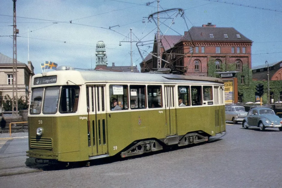 Postkort: Malmø sporvognslinje 3 med motorvogn 59 på Norra Vallgatan (1961)