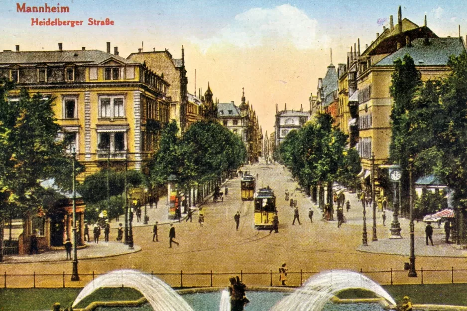 Postkort: Mannheim sporvognslinje 1 på Heidelberger Straße (1910)