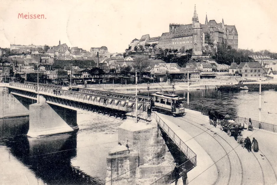 Postkort: Meißen sporvognslinje med motorvogn 4 på Altstadtbrücke (1900)