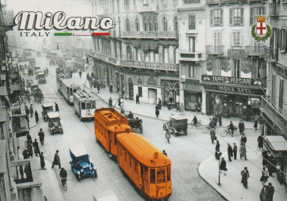 Postkort: Milano sporvognslinje 3 på Via Santa Margherita (1912)