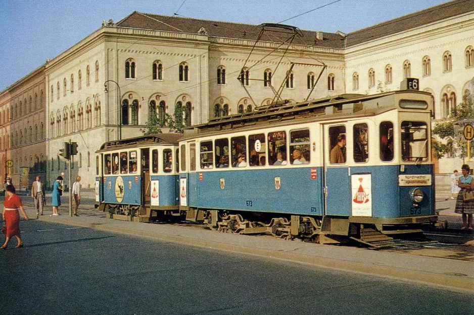 Postkort: München ekstralinje E6 med motorvogn 673 ved Universität (1961)