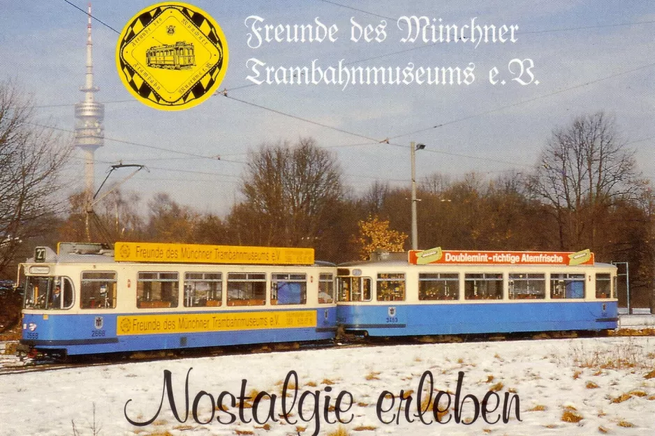 Postkort: München sporvognslinje 27 med motorvogn 2668 ved Petuelring (1990)