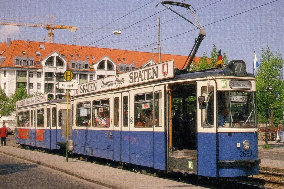 Postkort: München sporvognslinje 27 med motorvogn 2669 ved Giesinger Bahnhof (1966)