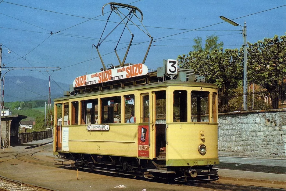 Postkort: Neuchâtel sporvognslinje 3 med motorvogn 78 nær Corcelles (1972)