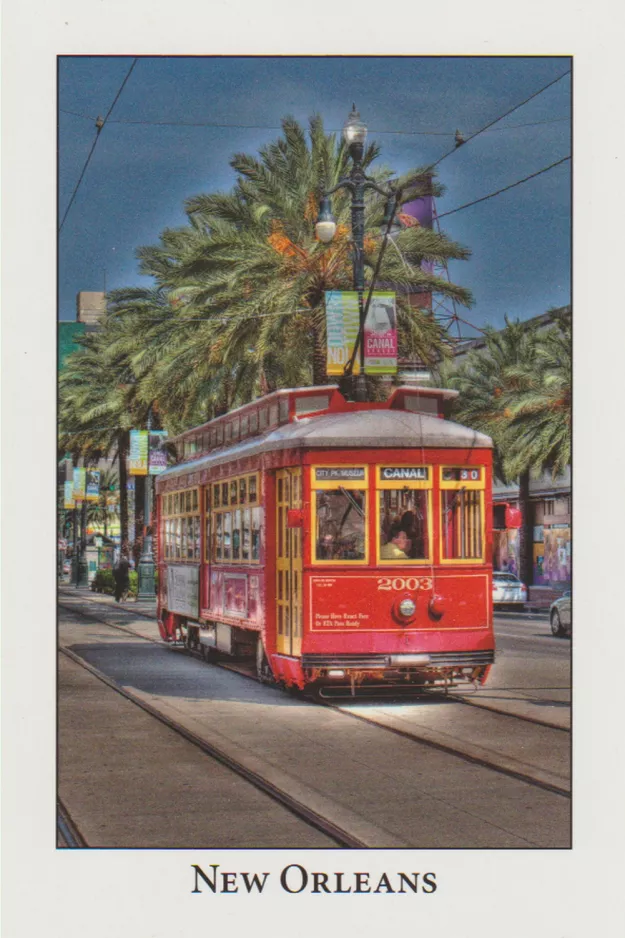 Postkort: New Orleans linje 47 Canal Streetcar med motorvogn 2003 på Canal Street (2010)