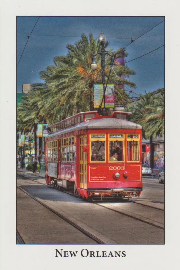 Postkort: New Orleans linje 47 Canal Streetcar med motorvogn 2003 ved Canal / S Peters (2010)