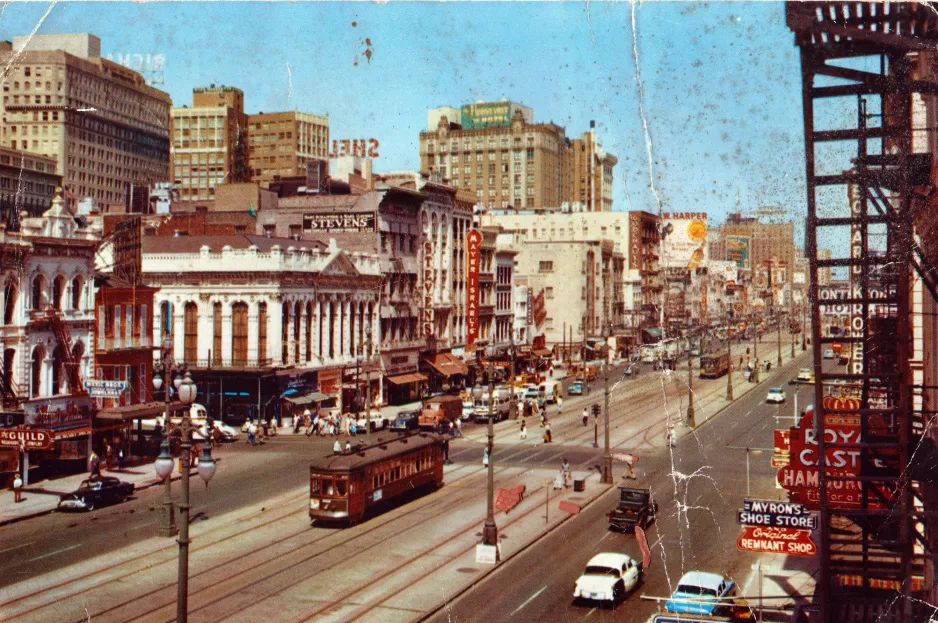 Postkort: New Orleans linje 47 Canal Streetcar  nær Canal / Baronne (1960)