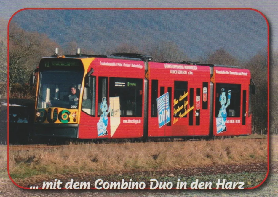 Postkort: Nordhausen regionallinje 10 med lavgulvsledvogn 202 nær Niedersachswerfen (2004)