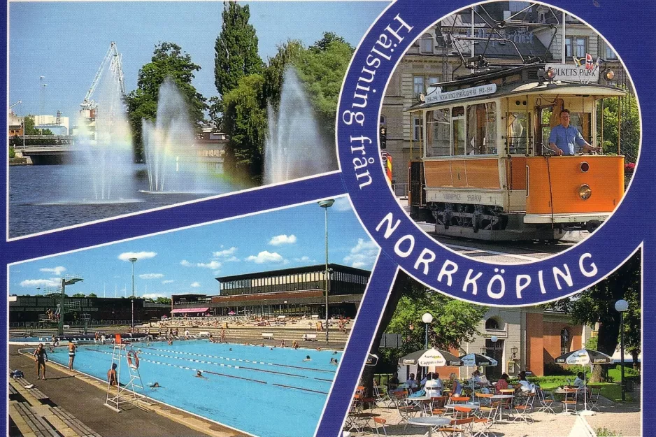 Postkort: Norrköping museumslinje 1 med motorvogn 1 på Drottninggatan (1985)