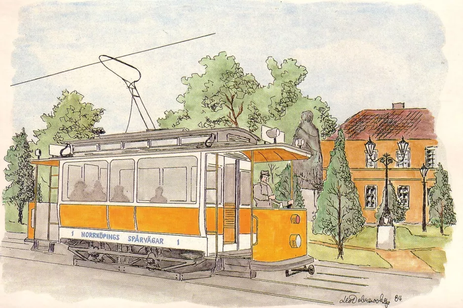 Postkort: Norrköping museumsvogn 1 udenfor Karl Johans Park (1984)