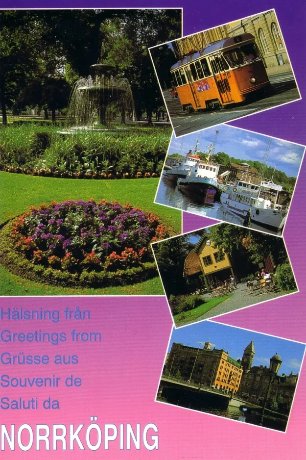 Postkort: Norrköping sporvognslinje 2 med motorvogn 141 på Drottninggatan (1990)